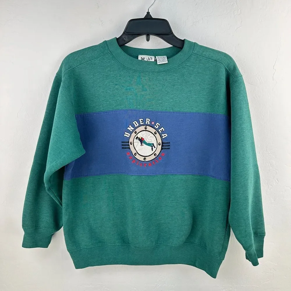 Vintage N Kids Sweatshirt L Green‎ Under Sea Exploration Colorblock Long Sleeve